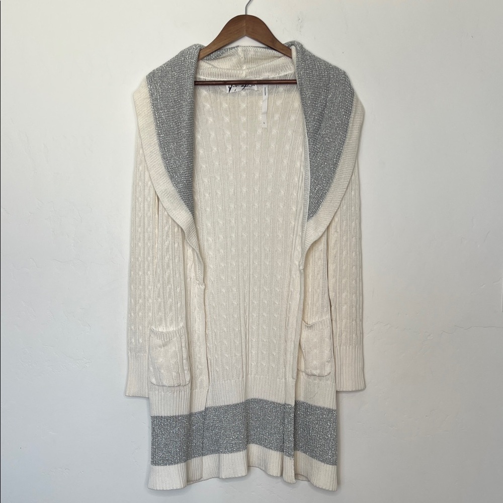 Yael Aflalo YAYA Metallic Knit Long Cardigan Gray Cream Open Front Size Large